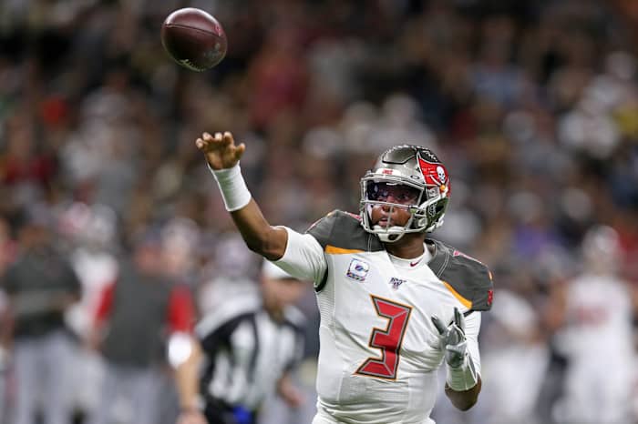 Oct 6, 2019; New Orleans, LA, USA; Tampa Bay Buccaneers quarterback Jameis Winston (3) makes a throw in the second half against the New Orleans Saints at the Mercedes-Benz Superdome. Mandatory Credit: Chuck Cook-USA TODAY Sports